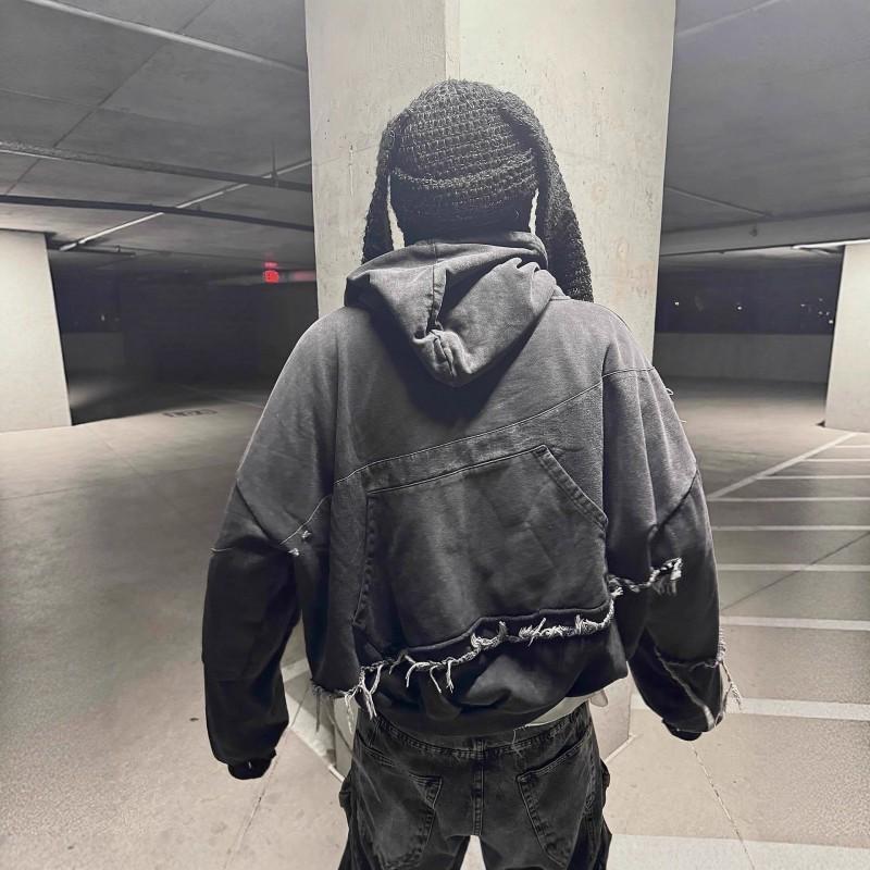 Oversized Distressed Hoodie Unisex Streetwear Loose Fit Graphic Print Black Cotton Blend 2025 Winter