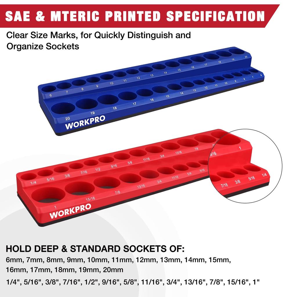 WORKPRO Магнитный органайзер для торцевых головок SAE Метрический держатель для торцевых головок Вмещает 52 стандартные и глубокие торцевые головки для тележек Не набор 3/8 дюйма, & (Набор из 2 предметов),