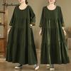 Large Size Spring Autumn Women Maxi Long Dress O Neck Green Baggy Denim Tiered Dress Layered Ruffles Vintage Ladies' Dresses