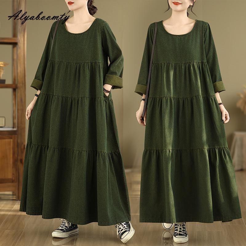 Large Size Spring Autumn Women Maxi Long Dress O Neck Green Baggy Denim Tiered Dress Layered Ruffles Vintage Ladies' Dresses