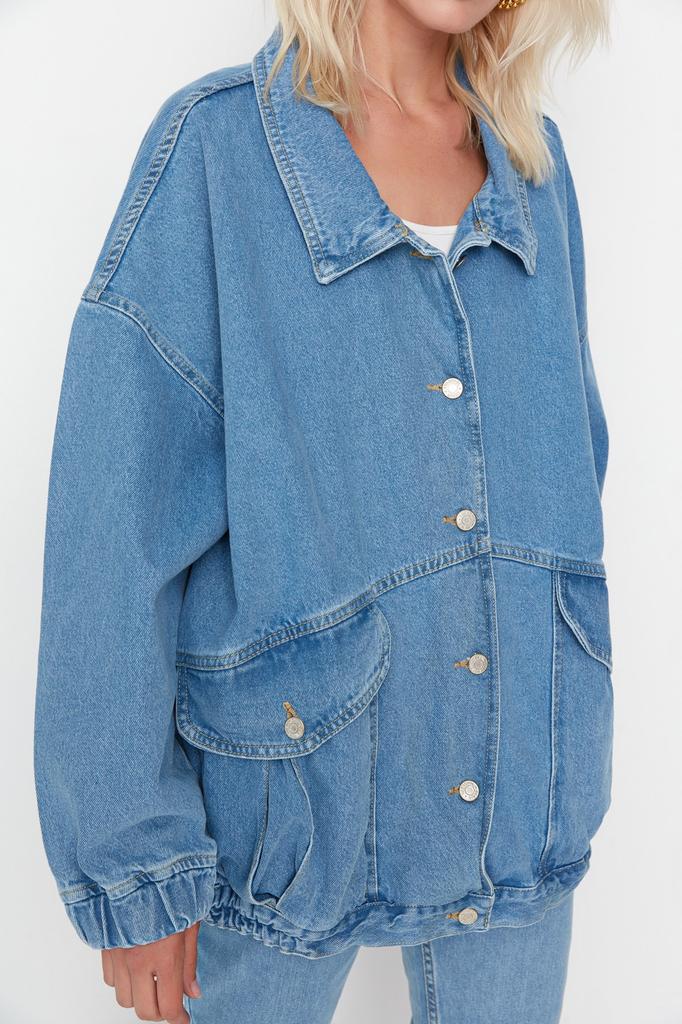 Women's Fashion New Jacket Black Pocket Detailed Oversize Denim Jacket