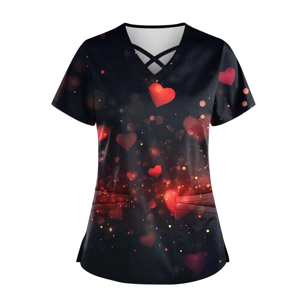 Женский топ с коротким рукавом и V-образным вырезом, принтом ко Дню святого Валентина, карманом Dry-nurse