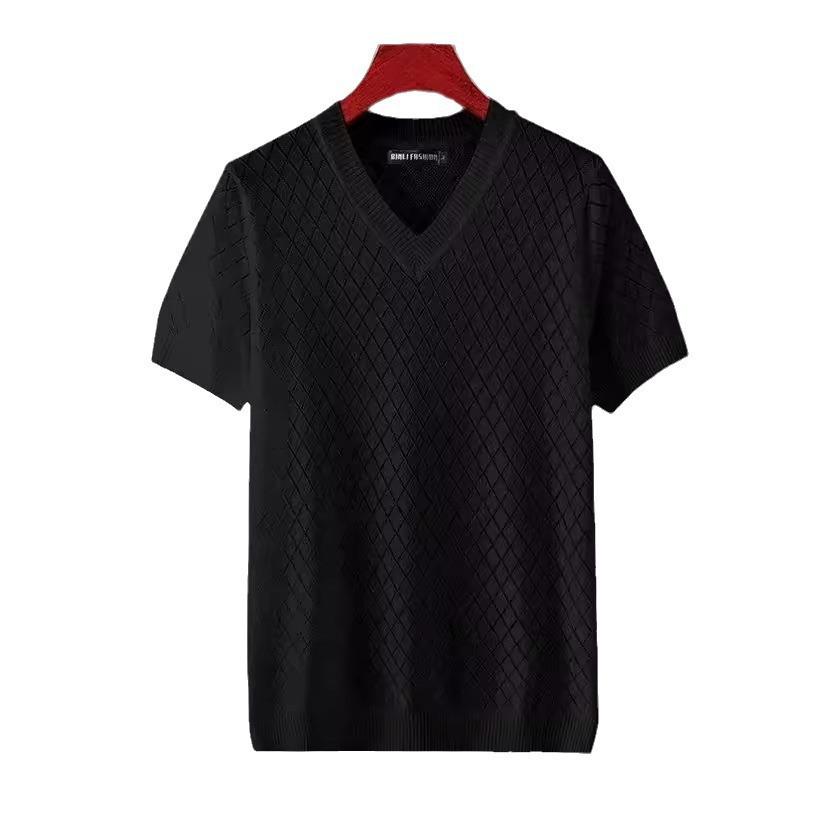 Мужской топ Ice Silk с V-образным вырезом и полым вырезом: Крутой, тонкий, большого размера, вязаный свитер с короткими рукавами