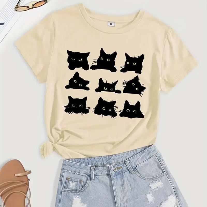 Женская летняя футболка с принтом черного кота, футболки с коротким рукавом, повседневные топы с принтом