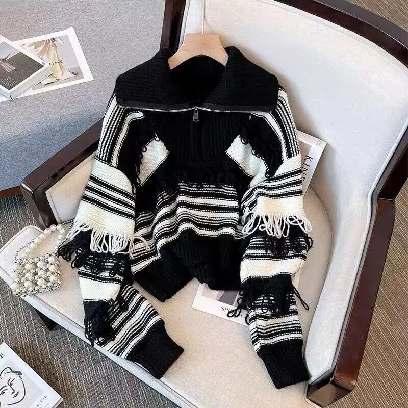 Sweaters for Women Autumn and Winter High Neckline with Striped Tassel Zipper Knit Bottoms Long Sleeve Sweater Pullover Female