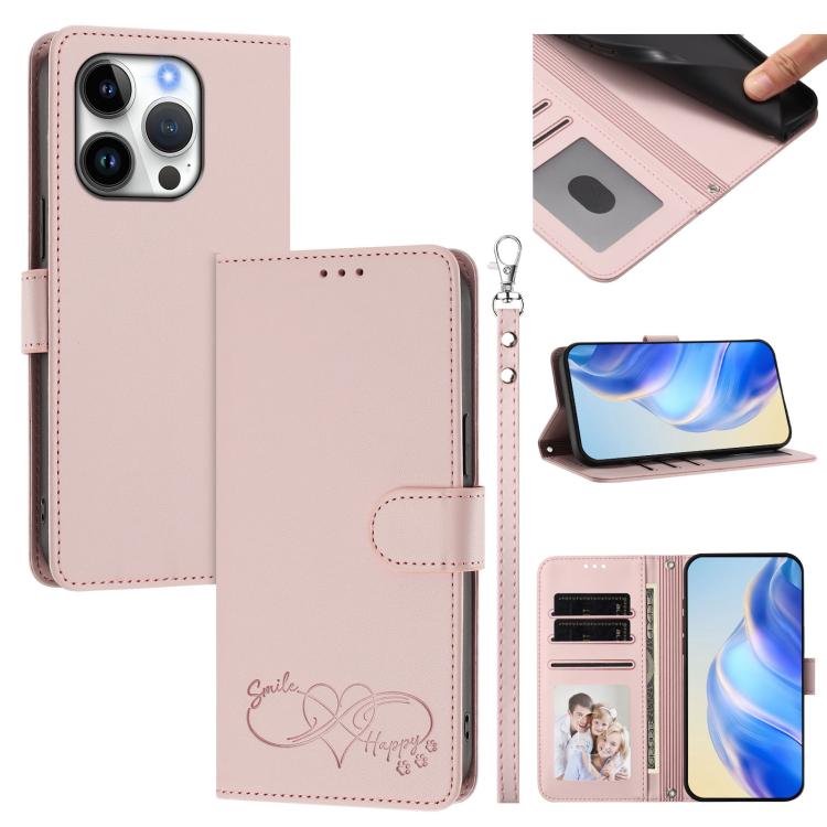 Happy Heart Pattern Magnetic Closure Vegan Leather Phone Case With Wrist Strap For iPhone Shockproof Protective Cover