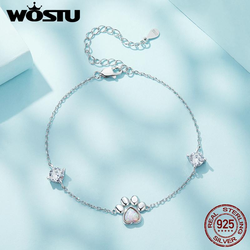 WOSTU Серебряный Браслет-Шарм 925 Пробы с Белым Опалом в Форме Лапки Кошки/Собаки Для Женщин Прекрасной Девушки Животное Звенья Цепи Тонкое Ювелирное Изделие Подарок
