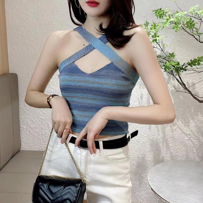 Летний новый дизайн чувственный Spice Girls Cross Halter радужная жилетка с высокой талией блузка