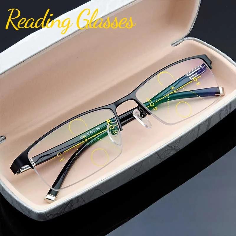 Business Square Half Frame Reading Glasses Men Gradual Adjustment Bifocal Vision Converted Light Multifocal Glasses