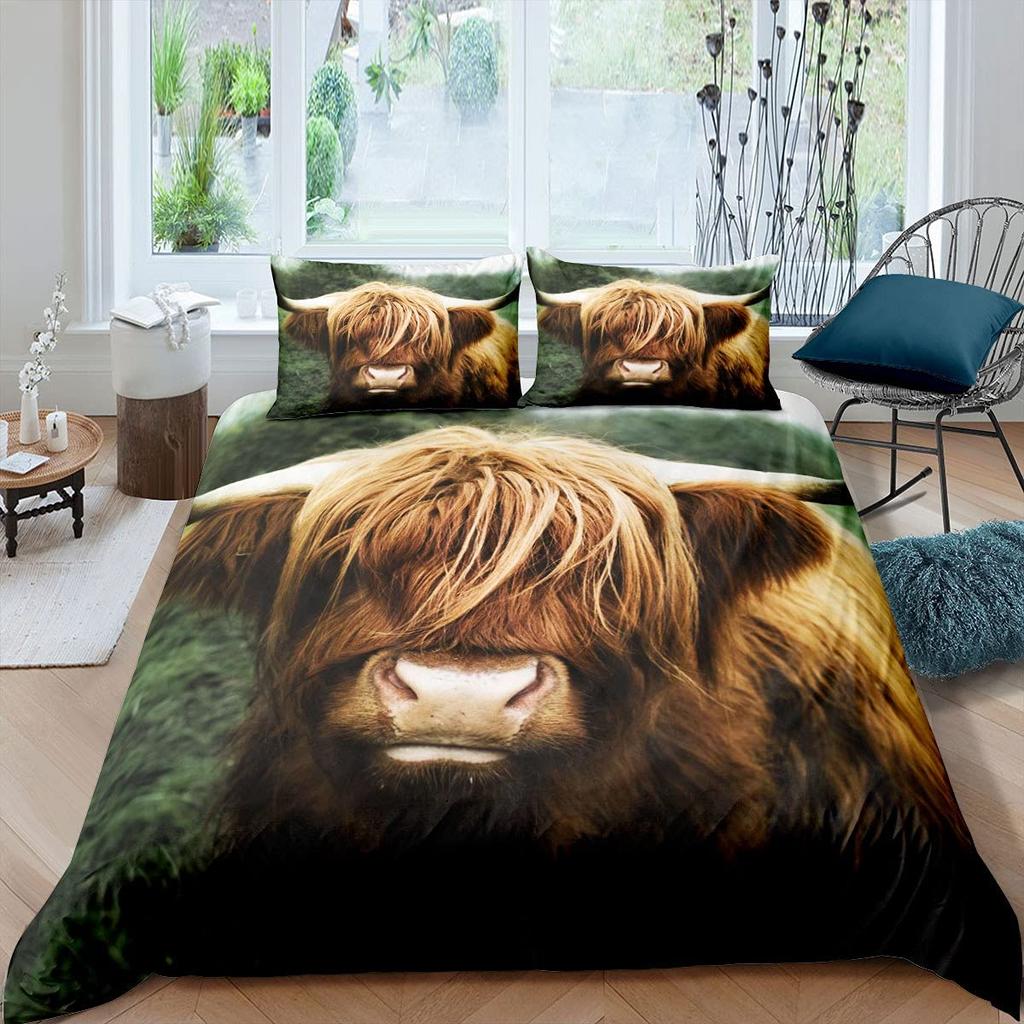 Пододеяльник Король Королева Хайлендская корова Комплект постельного белья Бык для взрослых Крупный рогатый скот 2/3 предмета Покрывало Фермерское животное Полиэстер