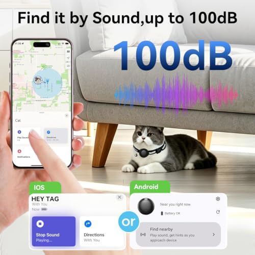 Smart Cat Tracker No Subscription Required Compatible with iOS & Android IPX67 Waterproof Pet Locator for Cat Collar Black 1 Pack