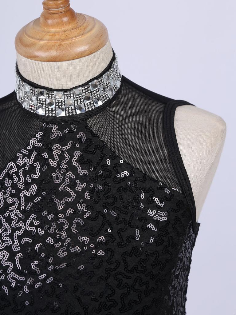 Girls Rhinestone Decorated Collar Leotard Sequins Mesh Patchwork Tassel Hem with Hair Tie