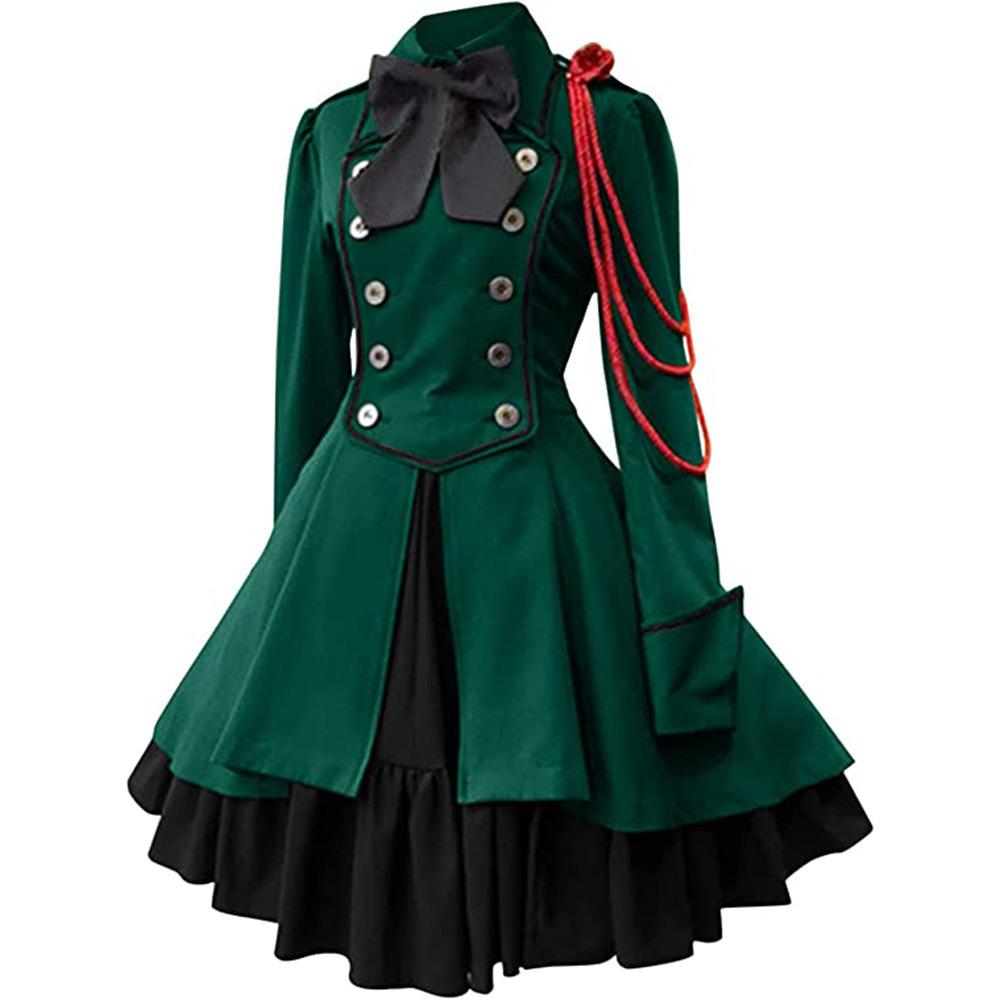 Plus Size 5XL Gothic Lolita Party Dresses Women Elegant Bow Collar Pleated Lace Up Ruffles Dress Medieval Retro Princess A Line