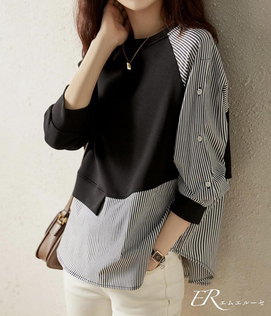 MRLuse Striped Docking Layered Style Mixed Cute Layered Striped Round Perfect for Working from Remote Women's Shirt, Top, Lightweight, Spring, Summer,