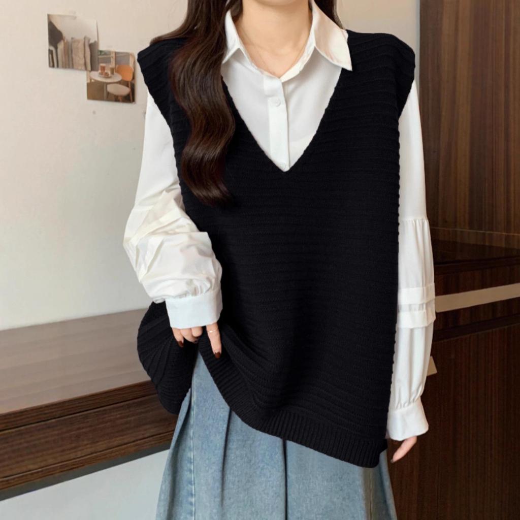 Женский вязаный жилет с V-образным вырезом Design Sense: Свободный, Большого размера, Полосатый, Безрукавный свитер для многослойности осенью и весной.