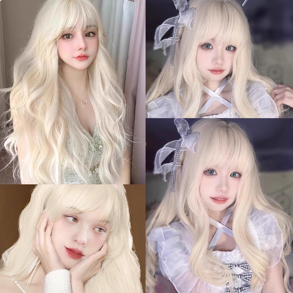 Бело-золотой длинный вьющийся синтетический парик для женщин Лолита ежедневная пушистая прямая челка Бело-золотой длинный вьющийся парик для женщин
