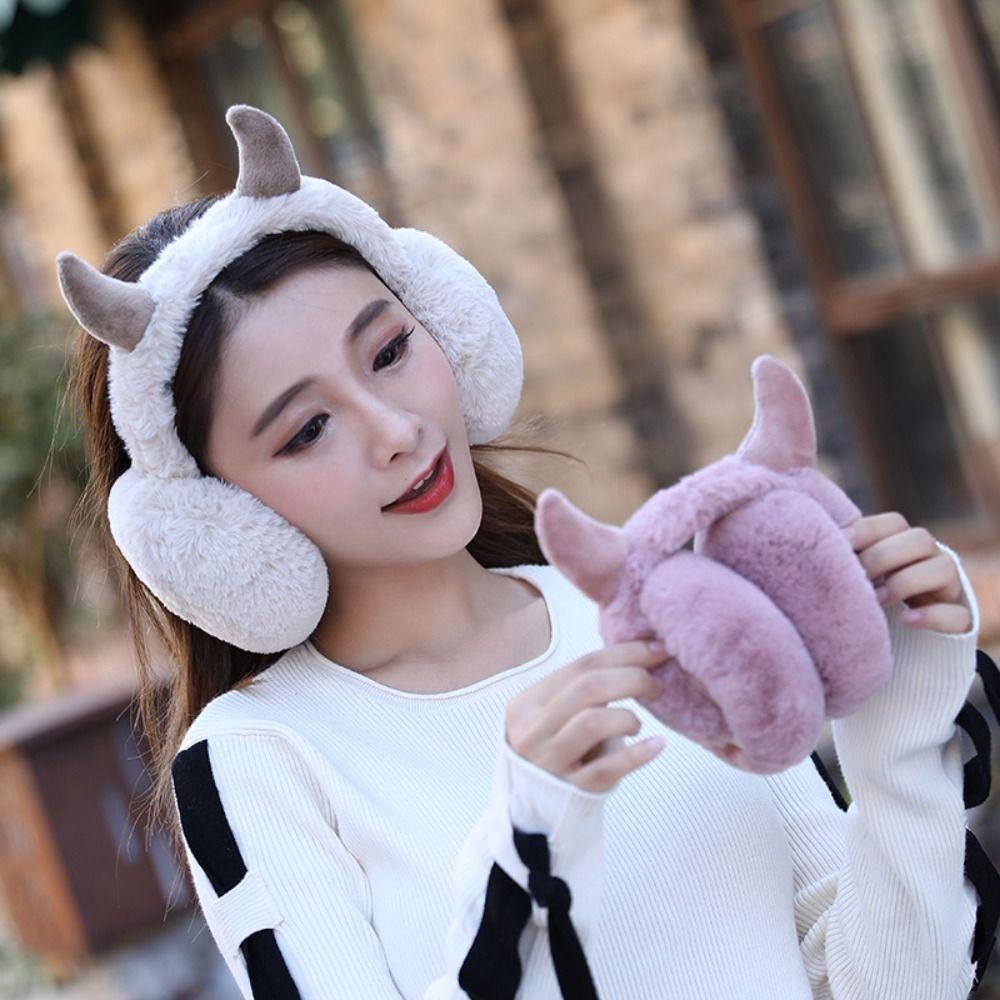 Faux Rabbit Fur Devil Horn Earmuffs Foldable Ear Warmer Soft Unisex Adult Earflap  Unisex