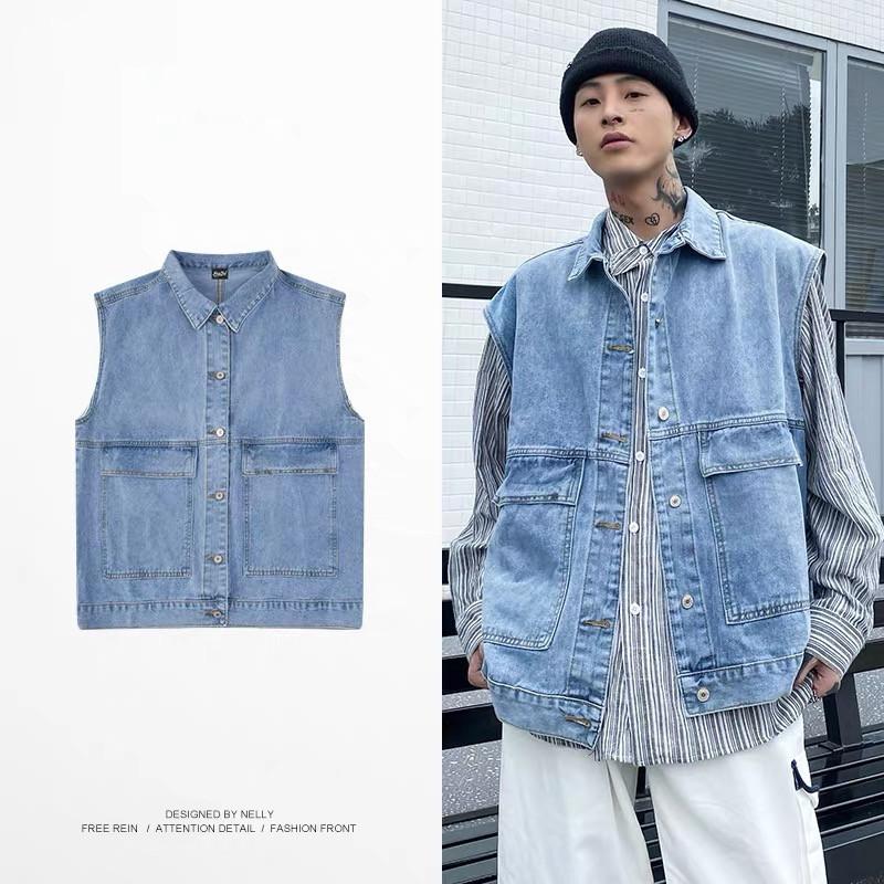 Men's Workwear Denim Vest Spring and Autumn Jacket Bf Y2k Style Loose Sleeveless Vest Men Clothing