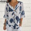 Women's Fashion Casual Summer Spring Flower Pattern Print Short Sleeve V-Neck Blouses & Shirts