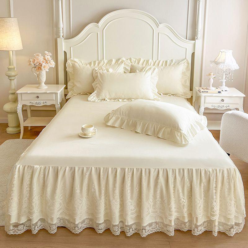 Комплект из 3 предметов однотонной двухслойной кружевной вышитой юбки для кровати с 1 шт. юбки для кровати + 2 шт. наволочек, легко снимаемый чехол-протектор для матраса