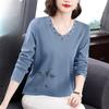 Long-sleeved T-shirt, Pure Cotton Women's Spring and Autumn Fashion, Mother's Full-length Bottoming Shirt, Embroidered V-neck Top
