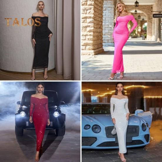 Женское вечернее платье с открытыми плечами, длинными рукавами, сетчатое, пэчворк, плиссированное, с крестом, бандо, облегающее, для выпускного, свадьбы, вечеринки, коктейльного макси-платья