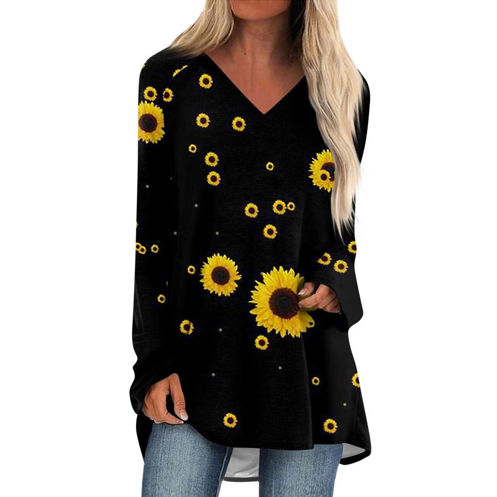 Женская и зимняя футболка с длинными рукавами и V-образным вырезом с принтом, повседневная, длинная, свободная