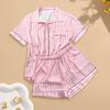 2 шт./комплект женская рубашка шорты костюм лацкан короткий рукав атлас полосатый контрастный цвет