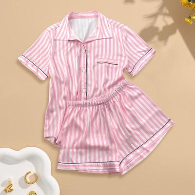 2 шт./компл. Женский костюм рубашка шорты Лацкан Короткий рукав Атласный в полоску Контрастный цвет Топ Эластичная талия Короткие брюки Домашний наряд