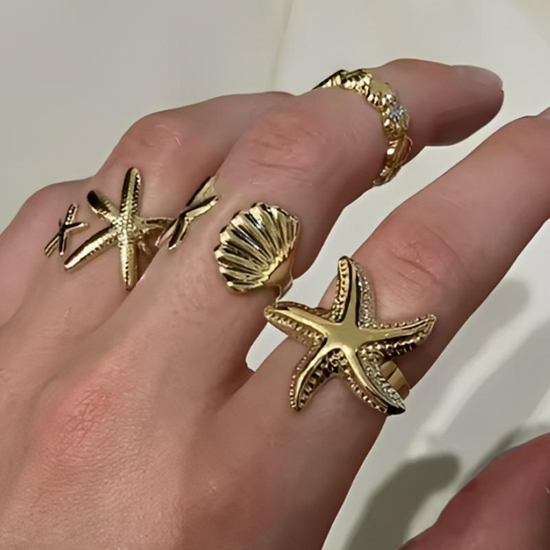4Pcs/Set Summer Beach Trendy Geometric Gold Silver Starfish Scallop Adjustable Open Rings for Women Jewelry