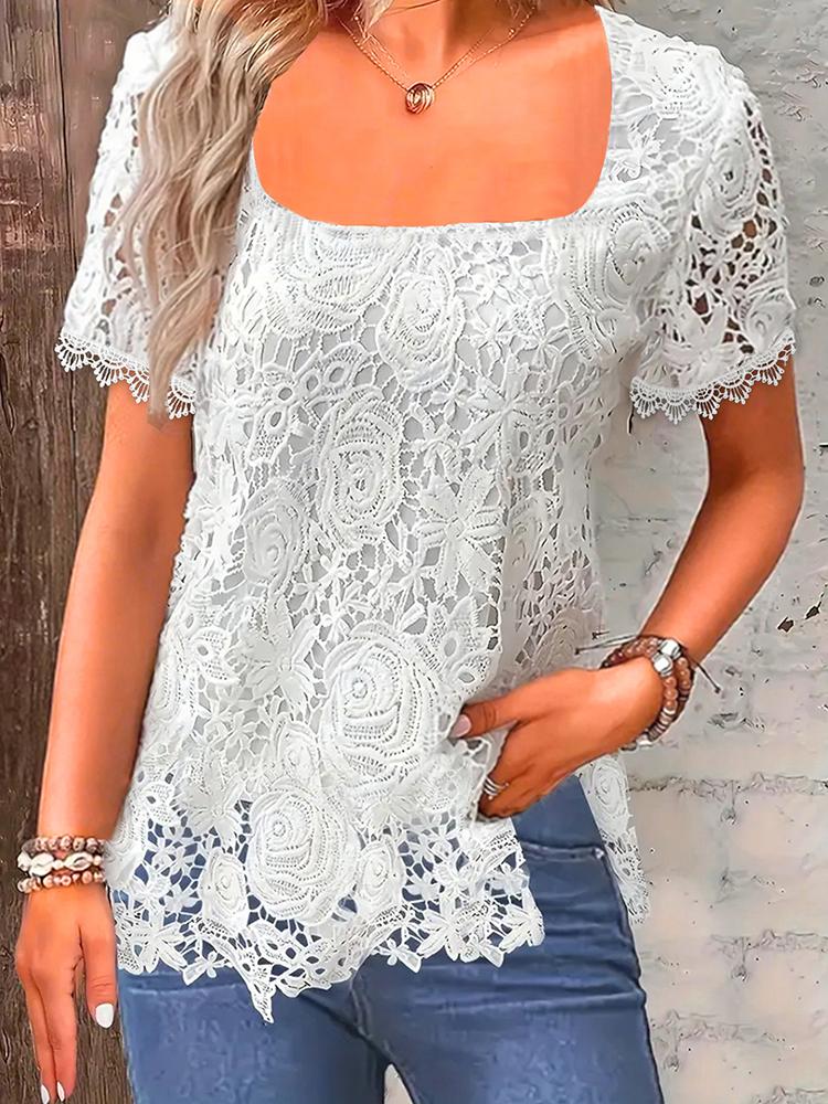 2024 летние шикарные пикантные сексуальные блузки с квадратным вырезом и кружевными рукавами для девочек, женская верхняя одежда с вырезами и короткими рукавами, рубашки для отдыха