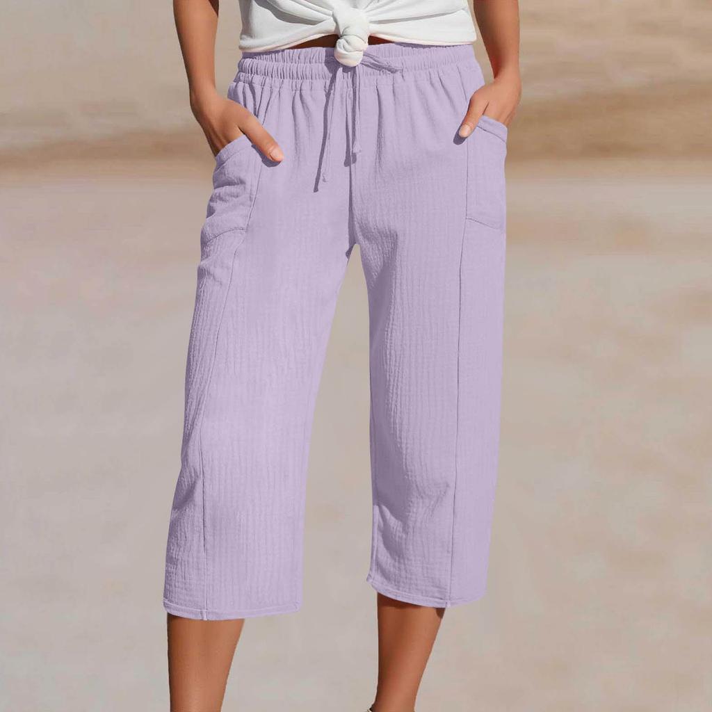 Женские летние брюки 3/4 Летние брюки с карманами Повседневные свободные брюки Тканевые брюки Спортивные брюки для отдыха Пляжные брюки