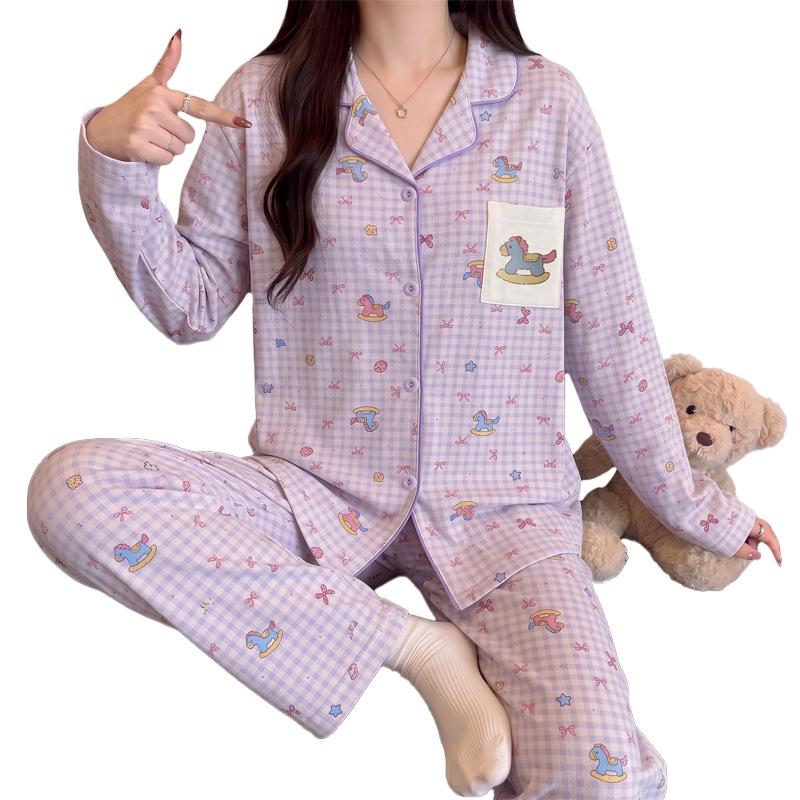 Dream purple cute plaid pure cotton pajamas women's spring and autumn new cartoon girl long-sleeved loungewear set