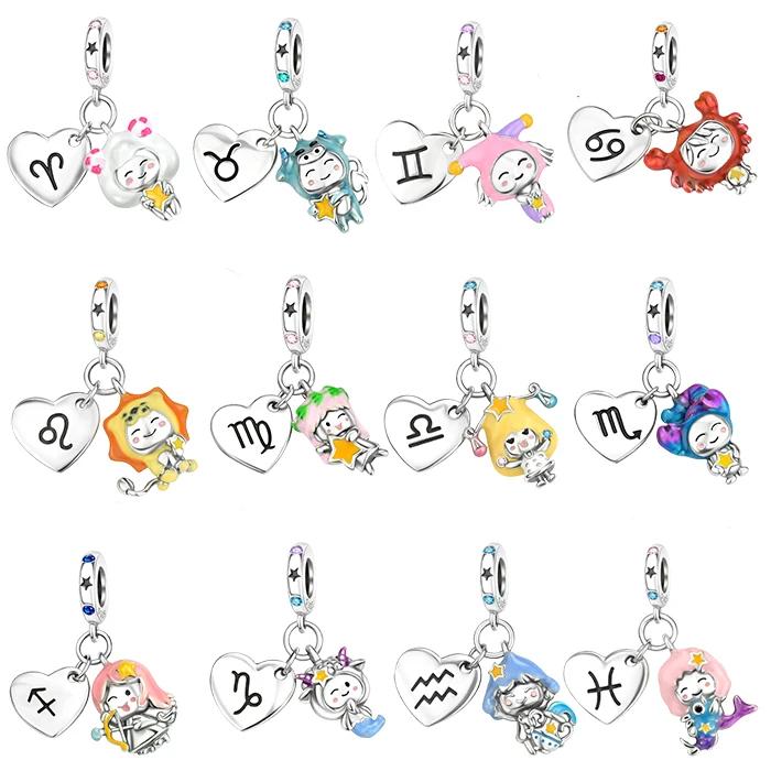 925 Silver 12 Months Birthstone Heart-shaped Beads Charms Fit Original Bracelet Charm Beads Necklace Diy Female Jewelry