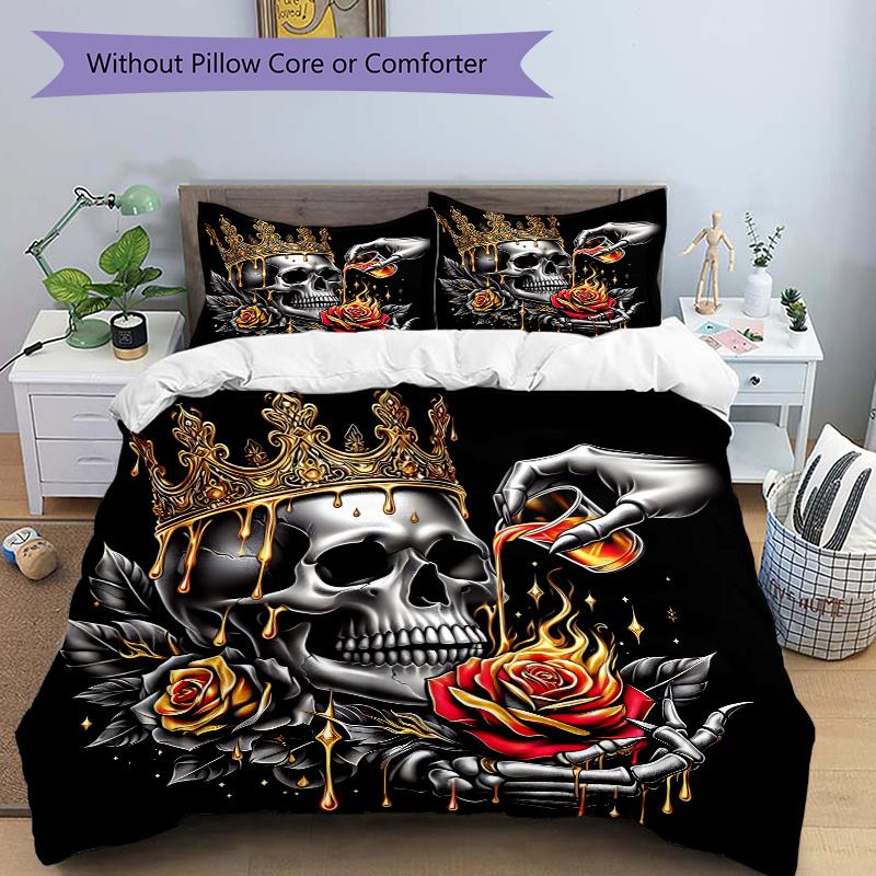 3pcs Golden Crowned Skull with Roses Quilt Cover Set - Soft and Cozy Bedroom, Guest Room and Dorm Decorative Bedding