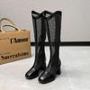 Chunky Heel Long Mesh Boots Female 2024 Summer Mesh Hollow White Pointed Head High Tube High Heel Sandal Boots Versatile Shoes