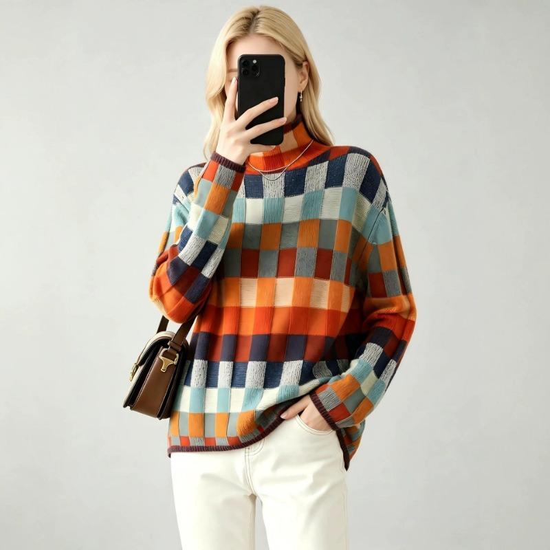 Women S High Neck Checkered Knit Sweater Loose Fit Autumn Winter