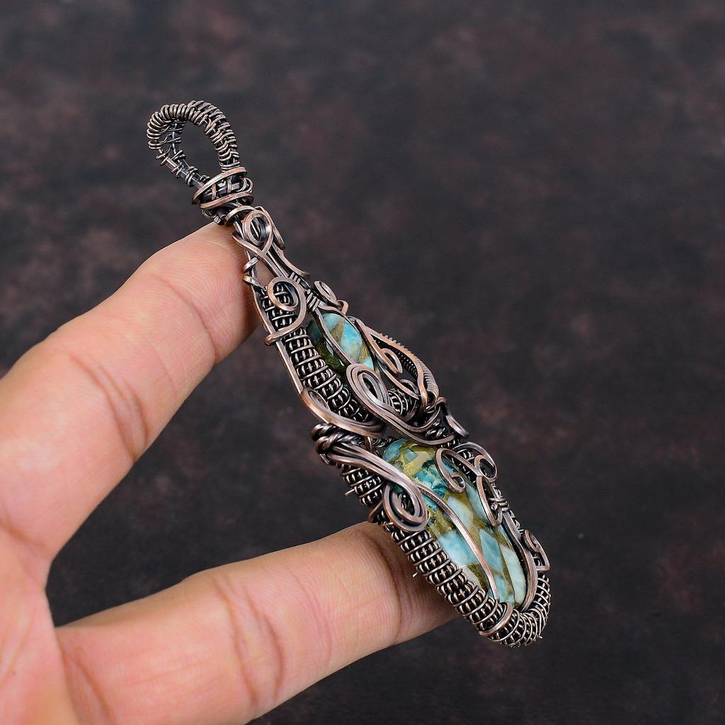 Медный амазонитовый кулон, обернутый медной проволокой, драгоценный камень, ювелирные изделия ручной работы, достойный кулон, амазонитовые украшения для подарка, ювелирные изделия из медной проволоки