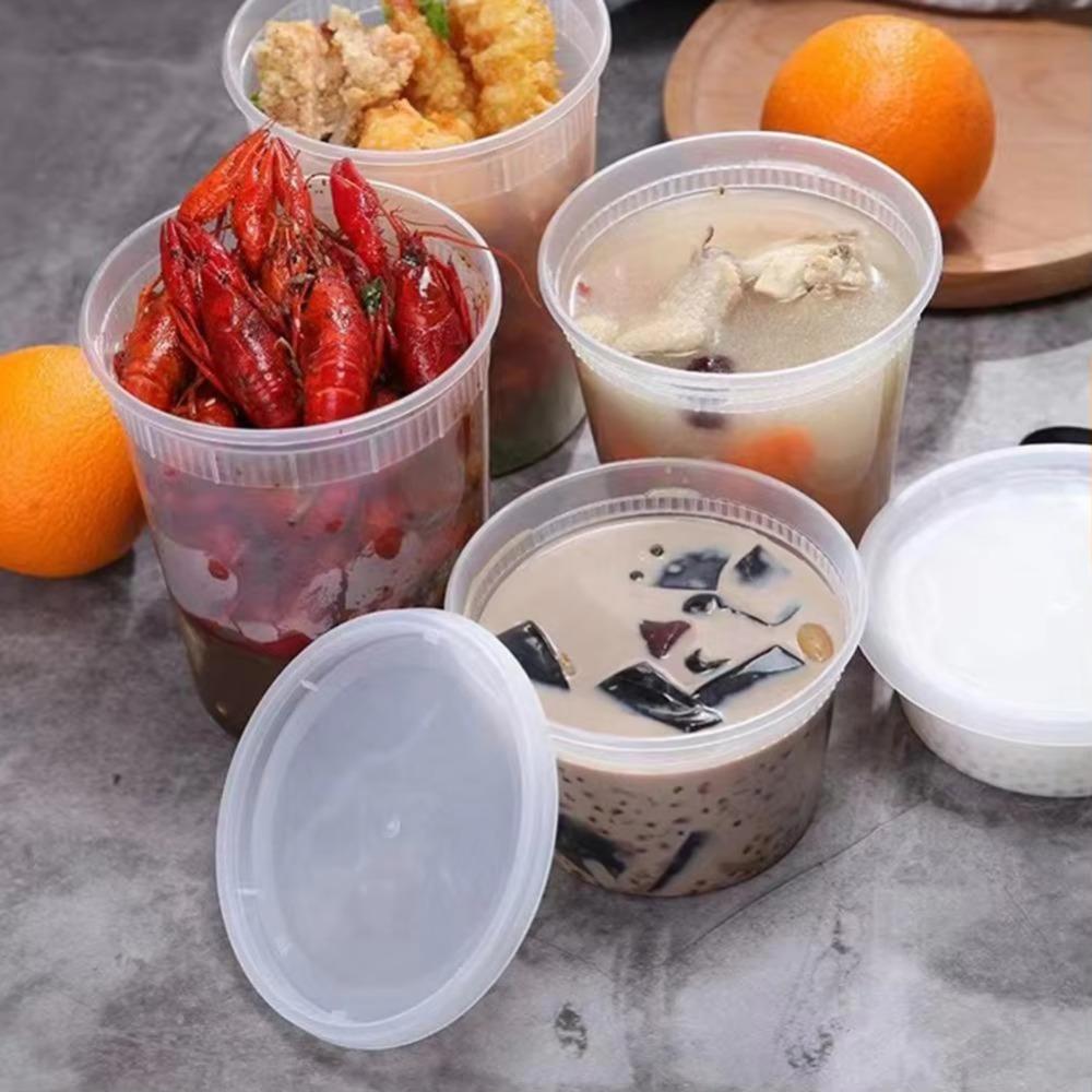 50Pcs Round Food Storage Container Airtight Lid Dessert Cup Disposable Soup Cup  Commercial