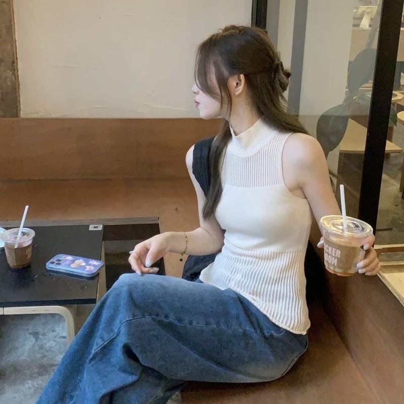 Летний пикантный топ-майка без рукавов с высоким воротом, вязаный кроп-топ - Женский французский ажурный короткий верхний слой