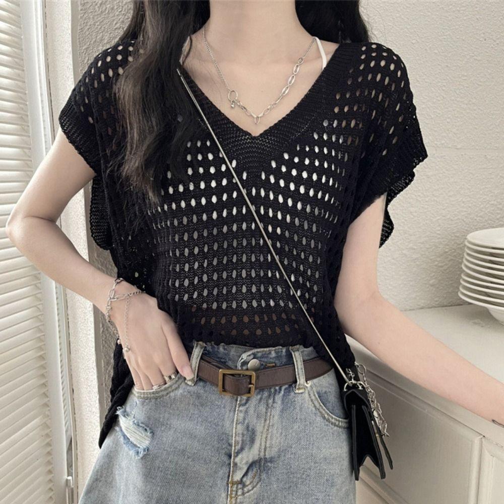 V-neck Hollow Out Knit T-shirt Oversized Beach Crochet Sweater Vest Leisure Streetwear