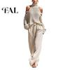 Breathable Women Suits Autumn Sweater Pants Set, Cold Shoulder Knit & Wide Leg Set Pants, Solid Color Long Sleeves Top Trousers Two Piece Outfits