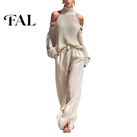 Breathable Women Suits Autumn Sweater Pants Set, Cold Shoulder Knit & Wide Leg Set Pants, Solid Color Long Sleeves Top Trousers Two Piece Outfits
