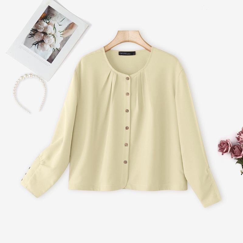 ZANZEA Женская повседневная блузка с круглым вырезом, однотонная, с длинным рукавом, свободного кроя