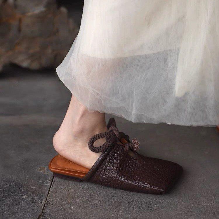 Summer Retro Casual Sandals Flat Bottom Square Head Bag Head Slippers Women's Outer Wear 2025 New Lazy Handmade Pu Leather