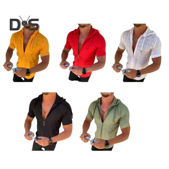 Мужская футболка с капюшоном, короткими рукавами, клетчатая футболка на молнии, повседневный тонкий летний топ для спорта, отдыха на природе, пляжа