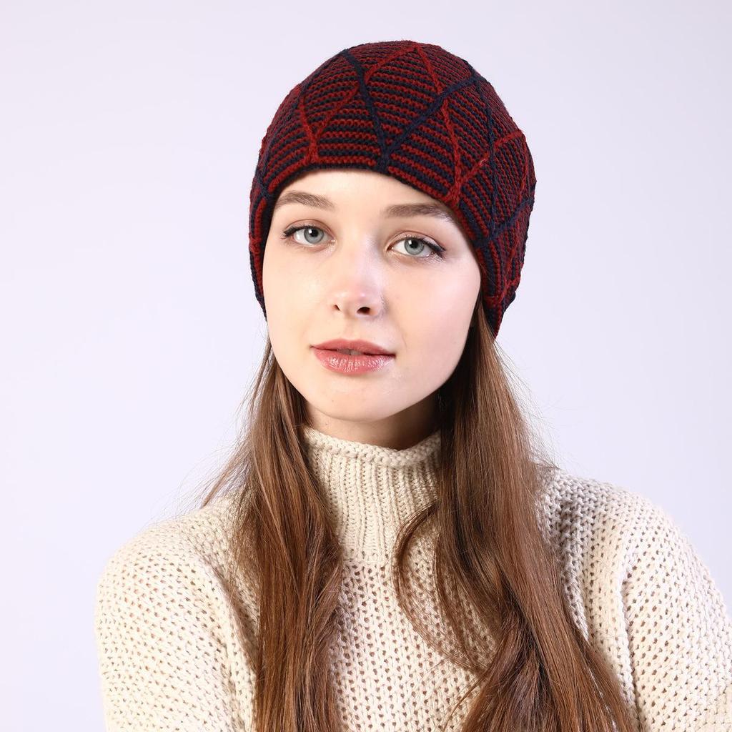 Women's Autumn Winter Pullover Mixed Color Mesh Diamond Plush Knitted Wool Hat Ear Protection Pile Cap