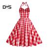 Женское розовое клетчатое платье без рукавов 1950-х годов со шнуровкой, бантом, халтером, скрытой молнией, приталенным подолом, коктейльное платье-халат с высокой талией и А-силуэтом
