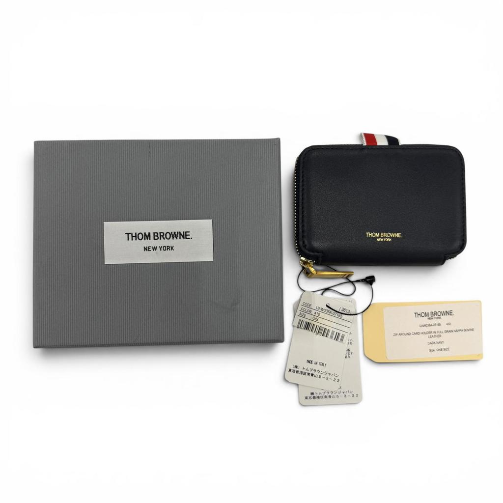 Pristine THOM BROWNE Coin case Zip Around Wallet Pebble Grain Dark navy leather Used