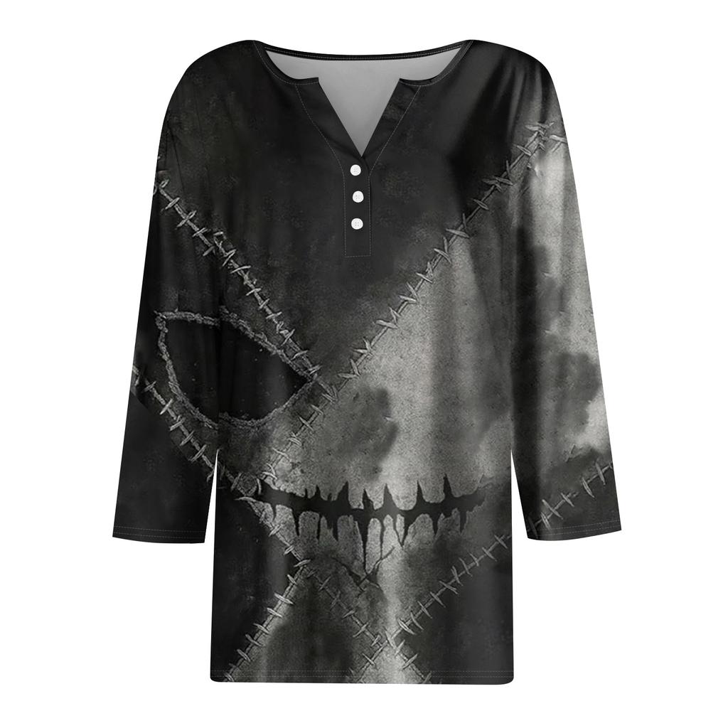 Women's Fashion Button-Up V-Neck Three-Quarter Sleeve Halloween Print Top